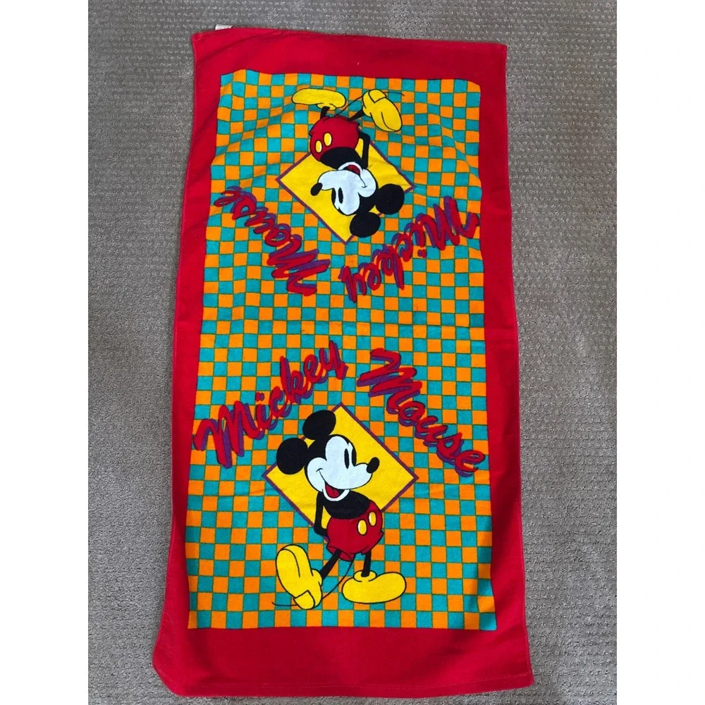 Vintage Disney Mickey Mouse Towel Set Franco Checkered Red Teal 90s NWT Mervyns